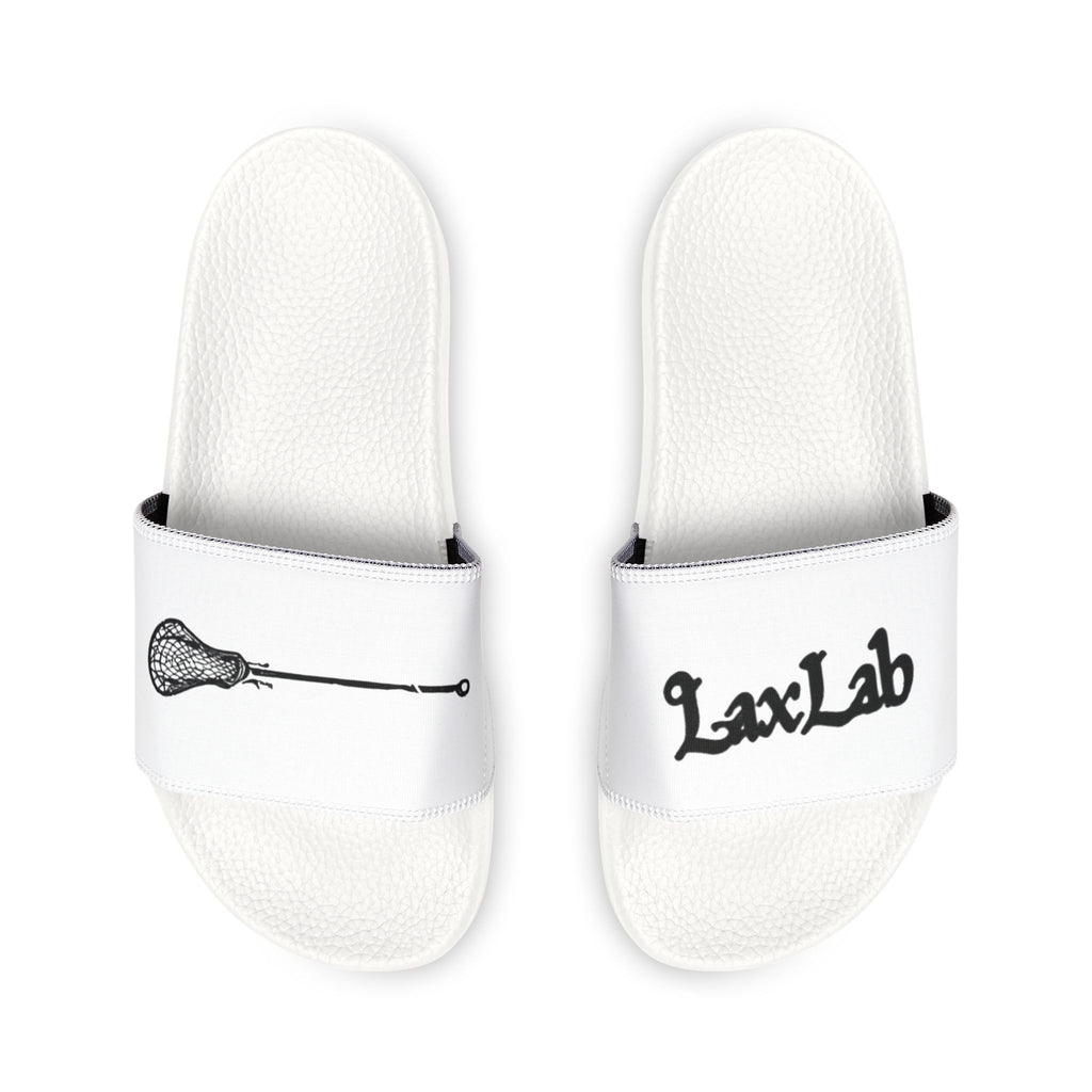 Youth Lacrosse Slide Sandals – Adjustable White Removable-Strap Slides with Lacrosse Stick Graphic