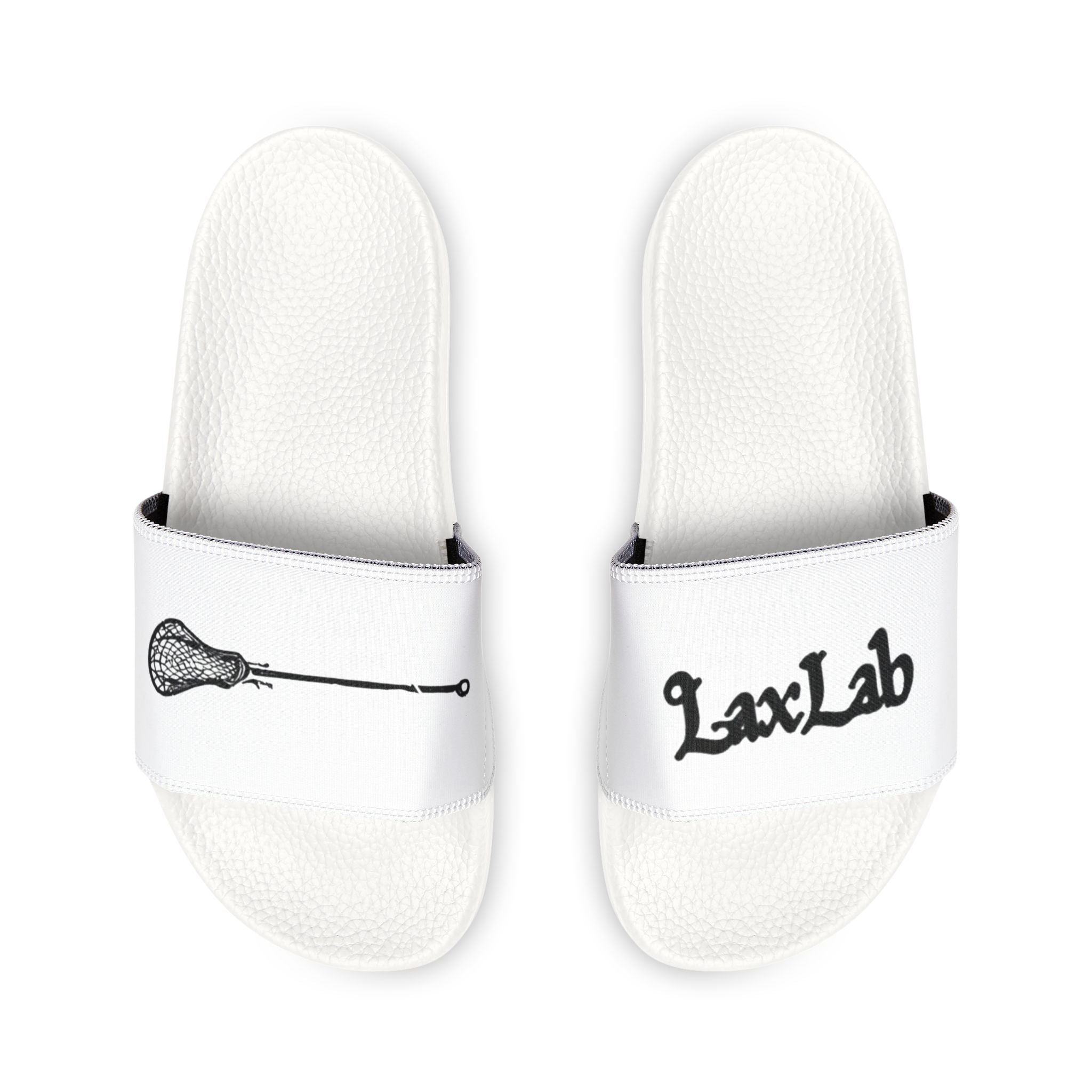 Youth Lacrosse Slide Sandals – Adjustable White Removable-Strap Slides with Lacrosse Stick Graphic