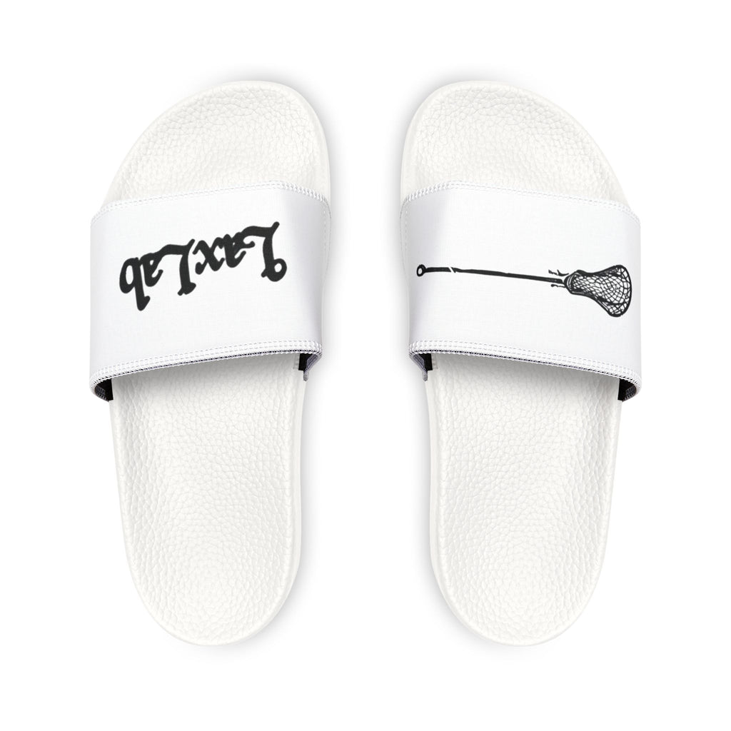 Youth Lacrosse Slide Sandals – Adjustable White Removable-Strap Slides with Lacrosse Stick Graphic