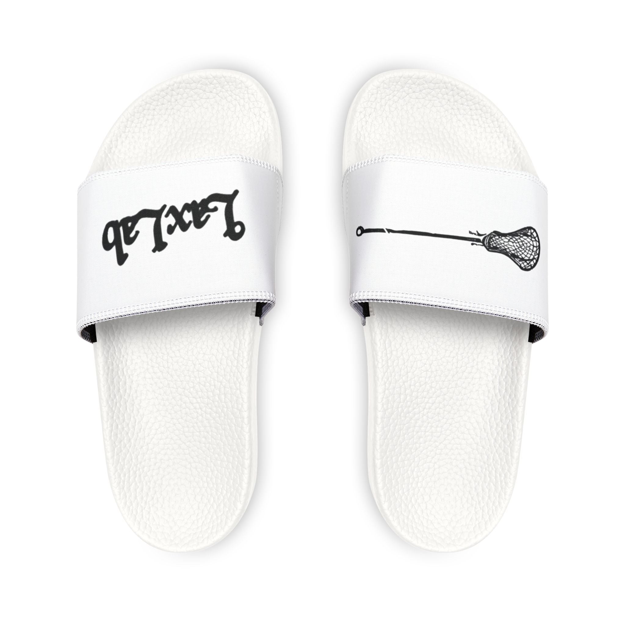 Youth Lacrosse Slide Sandals – Adjustable White Removable-Strap Slides with Lacrosse Stick Graphic