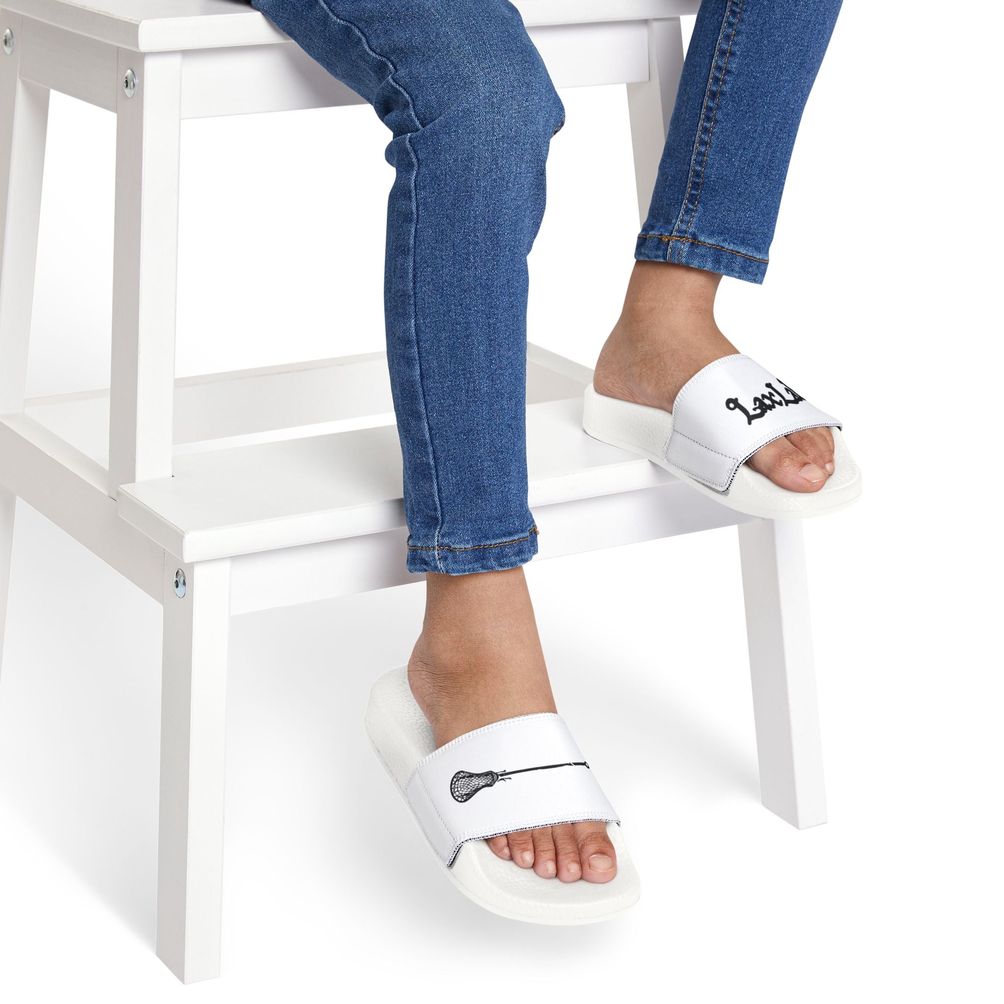 Youth Lacrosse Slide Sandals – Adjustable White Removable-Strap Slides with Lacrosse Stick Graphic